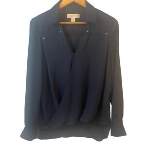Michael Kors Drape Blouse with Snap V Neck Silver Embellishment Old Money Small